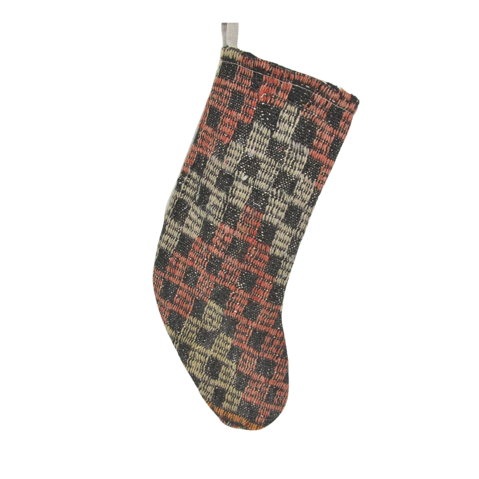 Handmade Holiday Stocking, Vintage Rug 8x22", Brown & Pink
