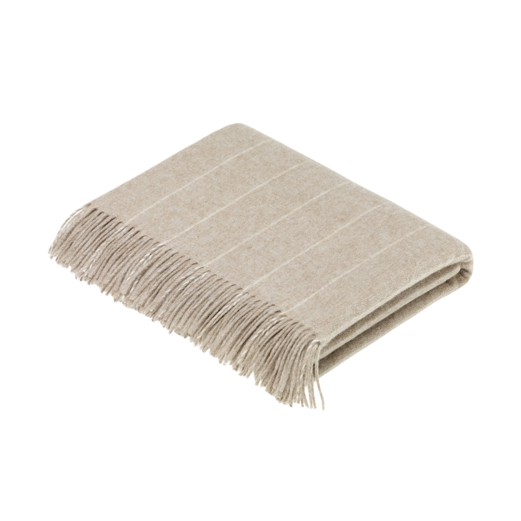 Merino Lambswool Pinstripe Beige Throw and Pillow Made in UK: Beige / Throw